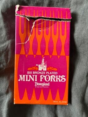 Vintage Disneyland Six Bronze Plated Mini Forks - Pink & Orange Box